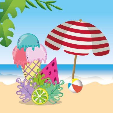 Tropikal plaj manzara tema dondurma ve elemanları ile vektör çizim grafik tasarım