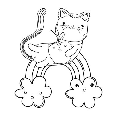 apple taze ve gökkuşağı vektör çizim tasarım ile şirin kedi