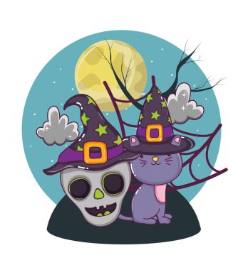 Kedi ve korkunç çizgi film halloween gece illüstrasyon grafik tasarım vektör