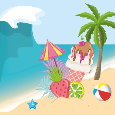 Tropikal plaj manzara tema dondurma ve elemanları ile vektör çizim grafik tasarım