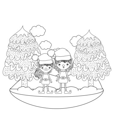 tatlı Noel Baba yardımcıları çift çimen vektör çizim tasarım