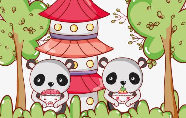 Panda ayıları suşi kawaii karikatürler ile
