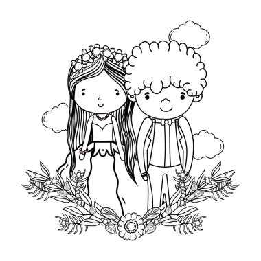 Çift düğün dekoratif çelenk doğa sevimli çizgi vektör çizim grafik tasarımı