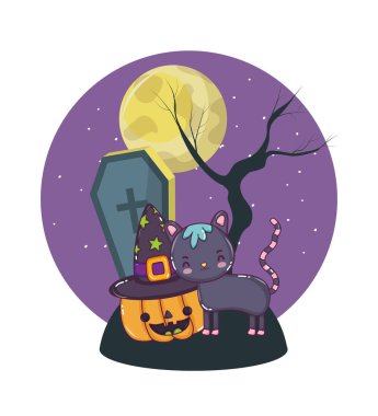 Halloween korkunç çizgi film gece sahne vektör çizim grafik tasarım