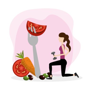 Genç kadının ağırlık ve öğeleri karikatür ile hamle yapması