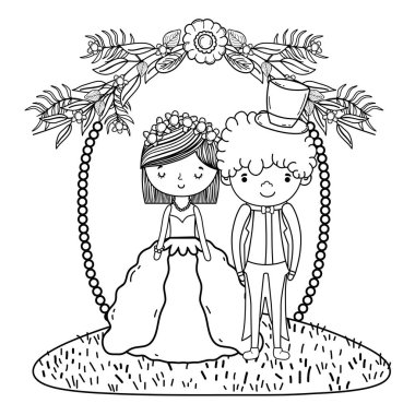 Çift düğün dekoratif çelenk doğa sevimli çizgi vektör çizim grafik tasarımı