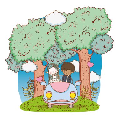 Düğün Çift Doğa karikatürler vektör çizim grafik tasarım, eski model araba üzerinde