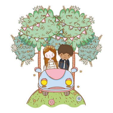 Düğün Çift Doğa karikatürler vektör çizim grafik tasarım, eski model araba üzerinde