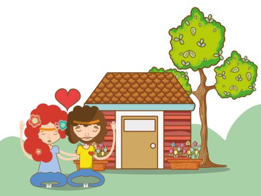 Hippi çift ve Eko evinde doğa karikatürler vektör çizim grafik tasarım