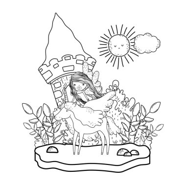 tek boynuzlu at ve peri manzara vektör çizim tasarım Kalesi