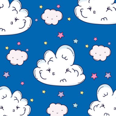 Yıldızlar arka plan karikatürler ile gülümseyen bulutlar