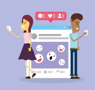 Genç çift smartphone vektör çizim grafik tasarımdan sosyal ağları kullanarak