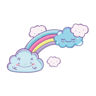 gülümseyen bulutlar ve gökkuşağı sevimli çizgi film illüstrasyon grafik tasarım vektör