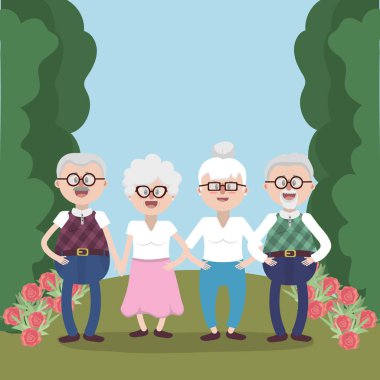Büyükbaba ve Büyükanneler yaşlı arkadaşlar Bahçe vektör çizim grafik tasarım