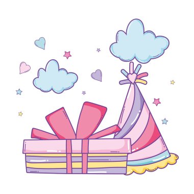 Doğum günü hediye kutusu şapka sevimli çizgi film ile vektör çizim grafik tasarım
