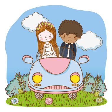 Düğün Çift Doğa karikatürler vektör çizim grafik tasarım, eski model araba üzerinde