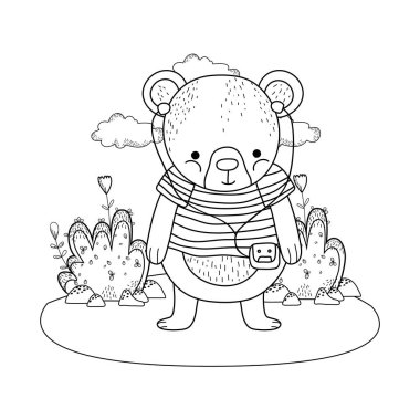 sevimli küçük ayı gömlek ve walkman ile kamp vektör çizim içinde