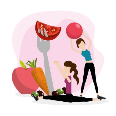 Genç kadınlar ile egzersiz topu ve öğeleri karikatür germe