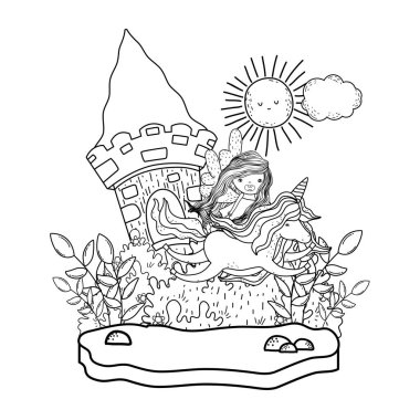 tek boynuzlu at ve peri manzara vektör çizim tasarım Kalesi