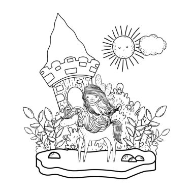 tek boynuzlu at ve peri manzara vektör çizim tasarım Kalesi