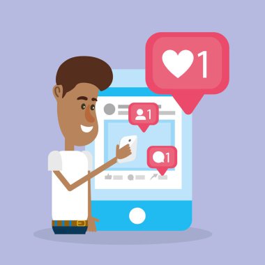 Genç adam akıllı telefon karikatürler üzerinden sosyal ağlarda vektör çizim grafik tasarım