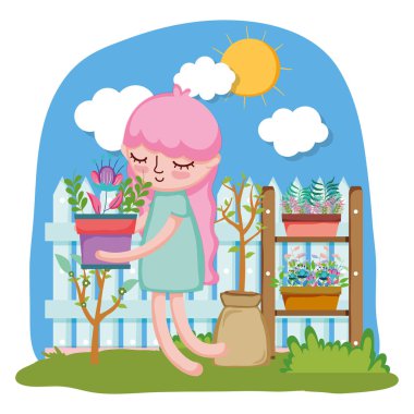 küçük kız houseplant çit ve raf vektör çizim tasarım ile kaldırma