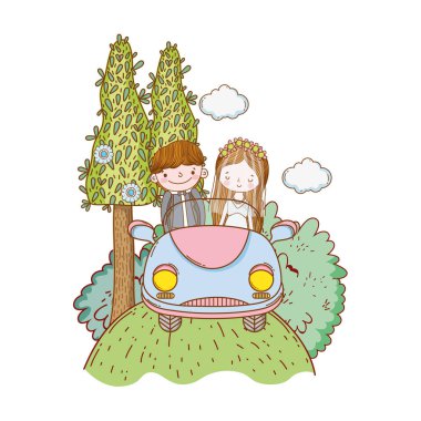 Doğa sevimli çizgi vektör çizim grafik tasarım, eski model araba çift evlilik düğün