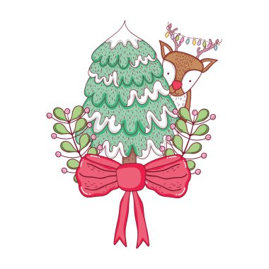 çam ağacı vektör çizim tasarım ile sevimli Noel reindeer