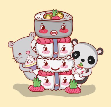 Kedi ve suşi kawaii karikatürler ile ayı panda