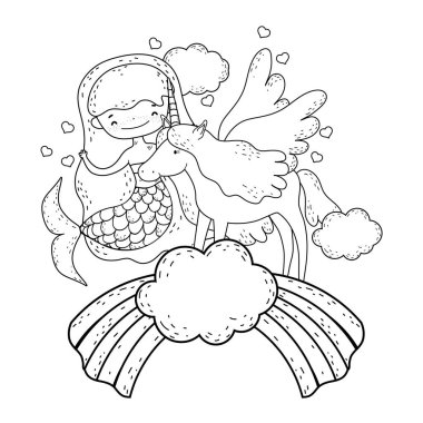 tek boynuzlu at ve bulutlar gökkuşağı deniz kızı vektör çizim tasarım