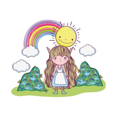 gökkuşağı peyzaj vektör çizim tasarım ile sevimli küçük peri