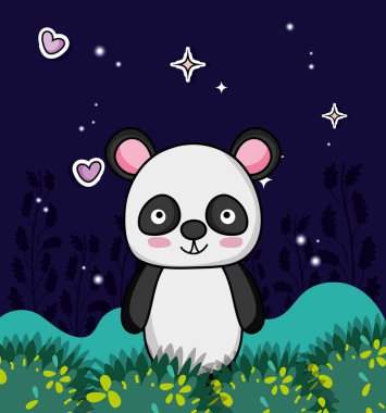 Sevimli panda ayısı gece ormanda illüstrasyon grafik tasarım vektör