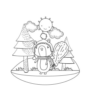 şapka ve atkı alan vektör çizim tasarım küçük sincap