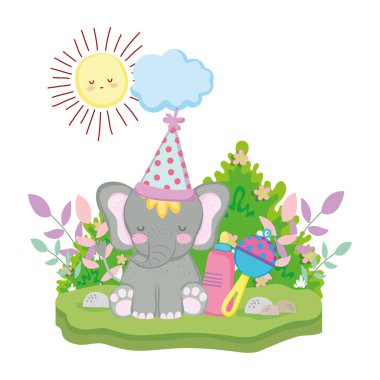 şirin ve küçük fil parti şapkası ile çizim tasarım vektör