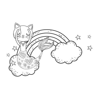 bulutlar ve gökkuşağı vektör çizim tasarım ile şirin purrmaid