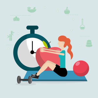 Genç kadın ile egzersiz topu ve simgeler karikatür germe