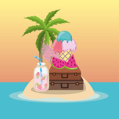 Tropikal plaj manzara tema kokteyl içki ve öğeleri vektör çizim grafik tasarım