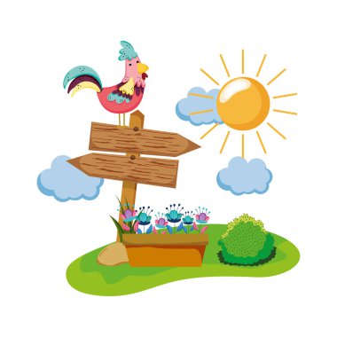 horoz ve houseplant Bahçe vektör tasarım ahşap ok