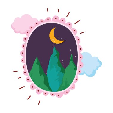 çam ağaçları orman manzara gece vektör çizim üzerinde dairesel çerçeve içinde