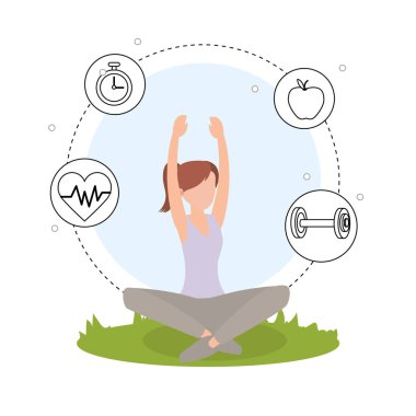 Genç kadının Yoga poz simgeleri karikatür ile açık havada oturma yapması