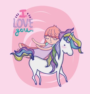 Tek boynuzlu at sevimli çizgi vektör çizim grafik tasarım kız