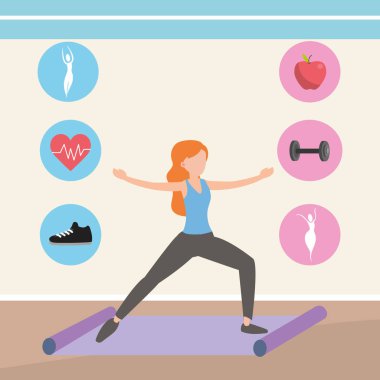 Genç kadın egzersiz minderi ve simgeler karikatür pozuyla yoga yapıyor