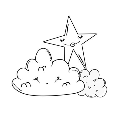 Bulutlar ve yıldız sevimli çizgi film gülümseyen illüstrasyon grafik tasarım vektör