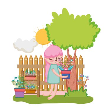 küçük kız houseplant çit ve ağaç vektör çizim tasarım ile kaldırma