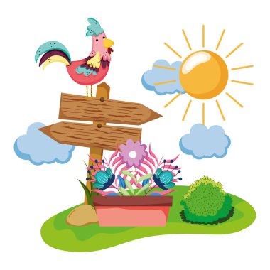 horoz ve houseplant Bahçe vektör tasarım ahşap ok