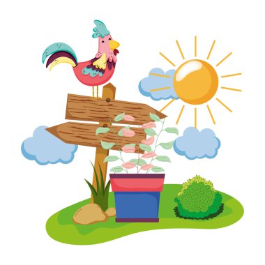 horoz ve houseplant Bahçe vektör tasarım ahşap ok