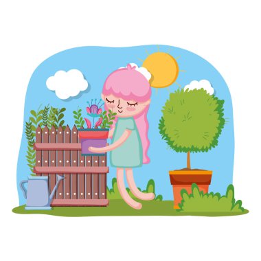 küçük kız houseplant ağaç ve çit vektör çizim tasarımı ile kaldırma