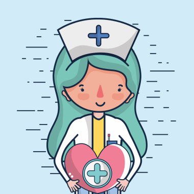 kan bağış kadın hemşire ve kalp sağlığı karikatür vektör çizim grafik tasarım