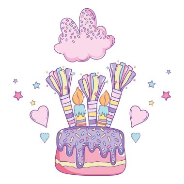 Mutlu Doğum günü pastası ile bulutlar ve kalpleri karikatürler vektör çizim grafik tasarım