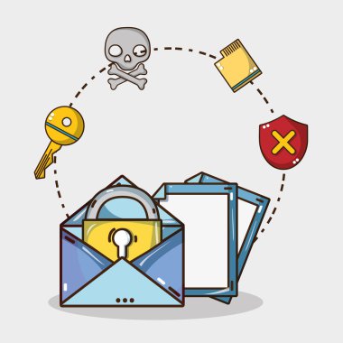 Güvenlik sistemi sembolleri ve teknoloji öğeleri çizgi film illüstrasyon grafik tasarım vektör